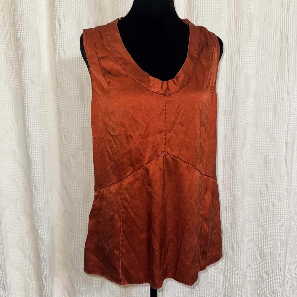 Flawed Tory Burch 100% Silk Blouse Rust Orange Sleeveless V-Neck Luxury Size 8